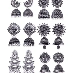 MEENAZ Set Of 6 Silver-Plated Oxidised Dome Shaped Jhumkas-image-99
