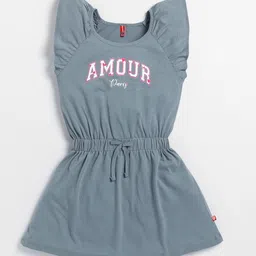 Here&Now X Game Begins Girls Typography Printed Flutter Sleeve Cotton Fit & Flare Dress image 2