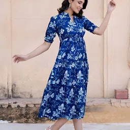 Krunal Raiyani Women Floral Printed V-Neck Tiered Crepe Fit & Flare Midi Dress-image-95