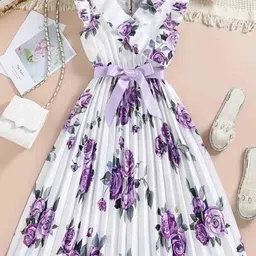 White World Girls Floral Printed Flutter Sleeve Fit & Flare Dress-picture-10