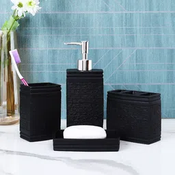 Myntra Elegant Homes 4 piece Black & Black Textured Resin Bath Accessories Set-picture-41