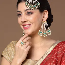 DUGRISTYLE Gold-Plated Kundan & Pearls Studded Adjustable Finger Ring image 3