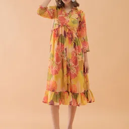 OCTICS Floral Print Bell Sleeve Georgette Fit & Flare Midi Dress image 5