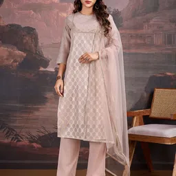 House of Pataudi Woven Design Round Neck Kurta & Trousers With Dupatta-picture-7