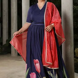 Instafab Plus Printed V Neck Top & Skirt With Dupatta-picture-37