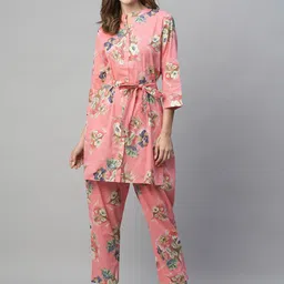 KALINI Floral Printed Mandarin Collar Pure Cotton Tunic Top With Trousers-picture-35