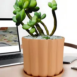 LASAKI Flona Brown Ceramic Handmade Planter With Plate-image-45