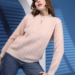 Juelle Women Open Knit Self Design Mock Collar Woollen Pullover image 2