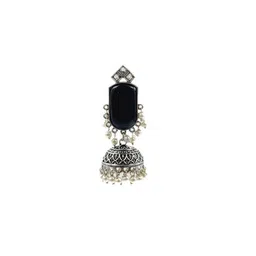 NAMAN ARTS Silver-Plated Artificial Stones Studded & Beaded Dome Shaped Oxidised Jhumkas image 2