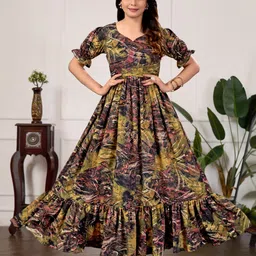 ayesha fashion Printed Crepe Stitched Flared/A-line Gown image 2
