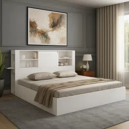 mintwud from pepperfry Magnus Queen Size Bed in Mist White Finish with Box Storage image 1