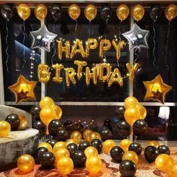 kr Solid Birthday Decoration Items Kit- 35Pcs for Happy Bday Decorative Combo Set for Kids, Husband, Wife, Girls, Boys with Golden Black Helium Alphabet Foil Balloons,Metallic Baloon,Star Ballon Banner Balloon-picture-12
