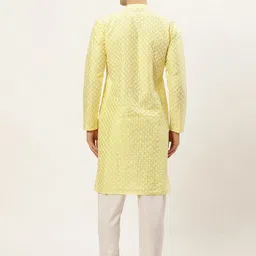 Jompers Men Yellow & White Embroidered Dupion Silk Kurta with Churidar image 4