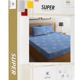 KLOTTHE Blue & White Floral Printed 400 TC Pure-Cotton Fitted Double Bedsheet Set image 5