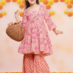 Bitiya by Bhama Girls Floral Printed Pure Cotton Anarkali Kurta with Sharara image 2