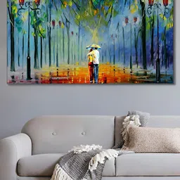 nestroots Blue & Yellow Rainy Stroll Canvas Framed Painting Wall Art-picture-15