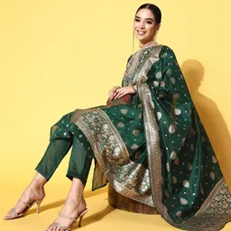 KALINI Floral Woven Design Round Neck Straight Kurta With Trousers & Dupatta image 2