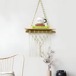 VAH Kya Bat Hai !! White & Brown Pine Knotting Wall Hanging Macrame Wooden Floating Shelf image 4
