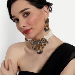 ROHINIKA Gold-Plated Navy Blue AD-Studded Chocker Necklace Jewelry Set-picture-26
