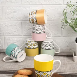 Femora Set of 6 Yellow & White Geometric Printed Bone China Glossy Tea Cups 160 ml Each-picture-30