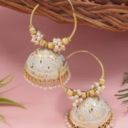 I Jewels White and Gold-Plated Beaded Traditional Jhumkas Earrings-picture-33