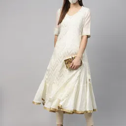 Biba Women Off-White Golden Woven Design Layered A-Line Kurta image 4