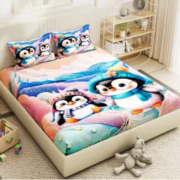 Story@Home 300 TC Microfiber Double Bedsheet with 2 Pillow Covers Penguin Print-image-55