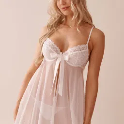 La Vie En Rose Open Front Embroidered Mesh Babydoll with Satin Bow-image-41