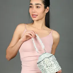 Odette Off White Suede Embellished Potli Bag-picture-29