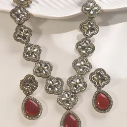 Peach Tassels Beautiful Red Stone Necklace Set, Flower Designs Necklace Set-picture-18