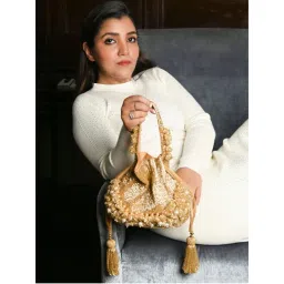 Odette Golden Cutdana and Beads Work Potli Bag-image-43