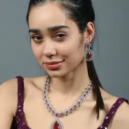 Odette Dark Pink Alloy Stone Studded Jewellery Set-image-30