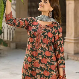 KALINI Women Floral Printed Round Neck Straight Kurta with Trousers & With Dupatta image 4