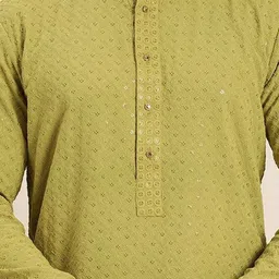 SWAGGINDIA Men Ethnic Motifs Mandarin Collar Embroidered Sequinned Chikankari Kurta image 4