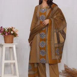 SARAI CREATIONS Women Ethnic Motifs Printed Pure Cotton Kurta with Trouser & Dupatta image 4