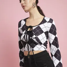 BAESD Checked Tie-Up Neck Blouson Crop Top image 3