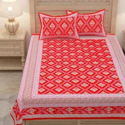 Lali Prints Red & White Ethnic Motifs 180 TC Single Bedsheet with 2 Pillow Covers image 2
