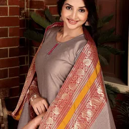 Vastravatika Floral Woven Design Zari Jacquard Pure Kanchi Cotton Kurta Trousers & Dupatta image 5