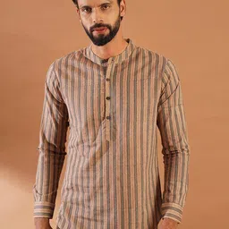 JAYPORE Striped Band Collar Pure Cotton Straight Kurta-image-50