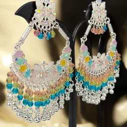 shreeji jewels Silver Plated Artificial Stones Studded & Beaded Crescent Chandbalis image 4