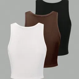 BAESD Pack Of 3 Ribbed Round Neck Sleeveless Tank Crop Tops image 2