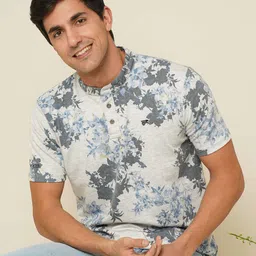 Estilocus Men Floral Printed Henley Neck Cotton Slim Fit T-shirt-picture-30