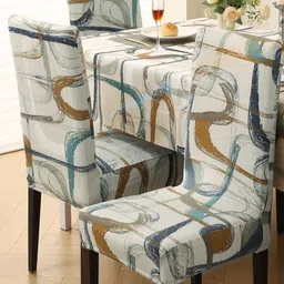 HOKIPO 5Pcs Beige & Blue Abstract Printed Chair Covers With Table Cloth image 5