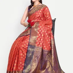 AKSH FASHION Orange Silk Blend Sarees image 1