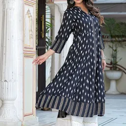 YASH GALLERY Ikat Printed Mandarin Collar A-Line Kurta image 5