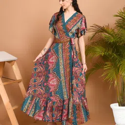 Boholyfe Women Printed Flutter Sleeve Wrap Maxi Dress-image-38