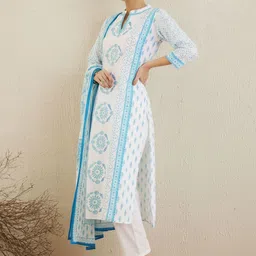 Indo Era Ethnic Motifs Printed Notch Neck Pure Cotton Kurta With Trouser & Dupatta image 1