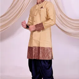 Pooja Ethnic Pooja Ethnic Men's Beige Silk Indo Western with Dhoti PE9107 Embroidered Sherwani image 4