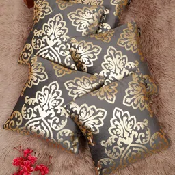 HOSTA HOMES Grey & Gold-Toned Set of 5 Ethnic Motifs Velvet Square Cushion Covers-picture-12