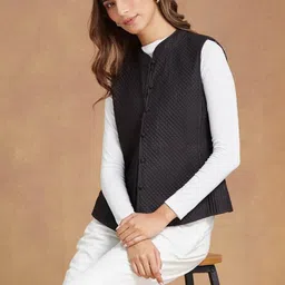 Fabindia Women Stand Collar Self Design Quilted Jacket-image-36